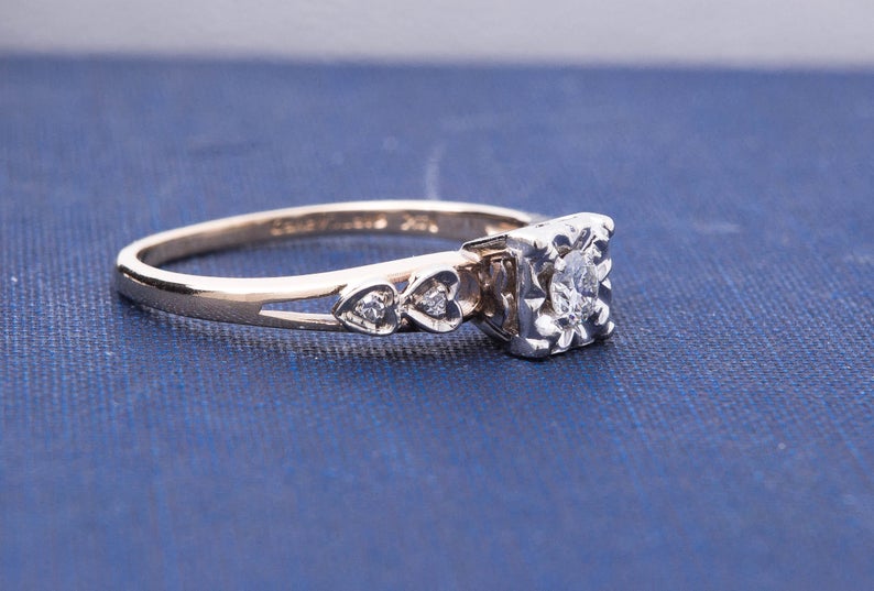 Vintage Diamond Engagement Ring - Diamond Ring with Heart Accents - 14 Karat Yellow and White Gold