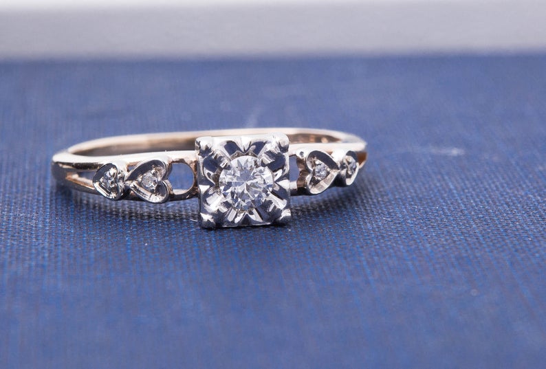 Vintage Diamond Engagement Ring - Diamond Ring with Heart Accents - 14 Karat Yellow and White Gold