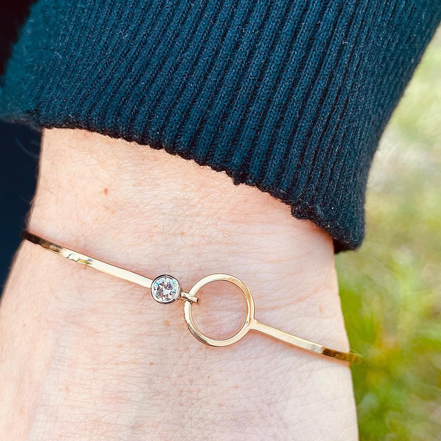 Gemstone Yellow Gold + Silver Hook + Circle Bangle Bracelet